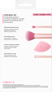 Zestaw Real Techniques Midi Glow: 3 różowe pędzle do makijażu i gąbka, idealne w podróży, na białym tle.