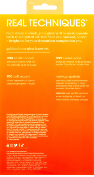 Tył opakowania zestawu pędzli Real Techniques Golden Hour Glow Base Set, z listą pędzli i szpatułki, pomarańczowo-żółte tło.