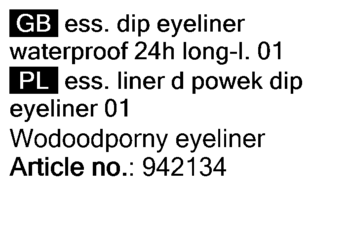 Czarny tekst na białym tle: opis wodoodpornego eyelinera Essence 24h, z numerem artykułu 942134.