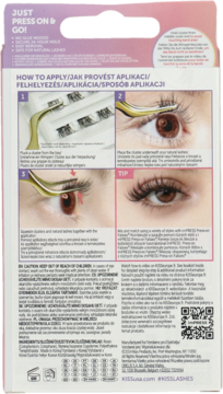 Tył opakowania rzęs imPRESS z technologią Pre-Bonded. Widoczne instrukcje aplikacji krok po kroku ze zdjęciami.