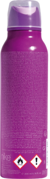 Tylne ujęcie fioletowego dezodorantu w sprayu Nike #purplemood 200 ml, z drobnym tekstem i symbolami ostrzegawczymi.