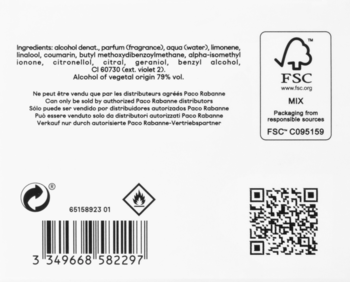 Tył opakowania Paco Rabanne Phantom woda toaletowa, z listą składników, kodem kreskowym i QR kodem, symbol FSC.