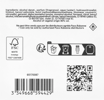 Czarno-biały tył opakowania zapachu Paco Rabanne Fame, z listą składników, kodem kreskowym i symbolami recyklingu.