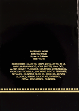 Tył czarnego opakowania Lanvin Arpège EDP, z widoczną białą listą składników i danymi producenta.