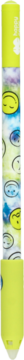 Długopis wymazywalny Smile, żółty z niebieskimi wzorami buziek i kółek, soft-touch, ujęcie pionowe.