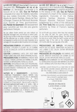 Tył pudełka perfum Lancôme LA VIE EST BELLE: opisy produktu, składniki, instrukcje i ikony.