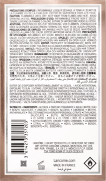 Tył różowo-złotego opakowania perfum La Vie Est Belle Soleil Cristal Lancôme, widoczne składniki i ostrzeżenia.