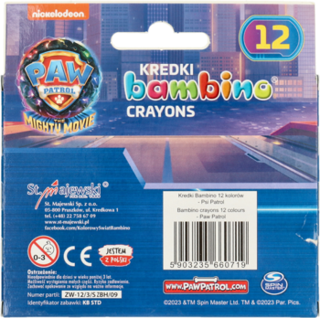 Tył opakowania kredek Bambino Paw Patrol, 12 sztuk, z kodem kreskowym i informacjami o producencie.