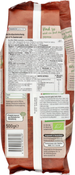 Tylna strona brązowego opakowania bezglutenowego chleba EnerBiO, 41% nasion. Widoczne info, barcode, 500g.