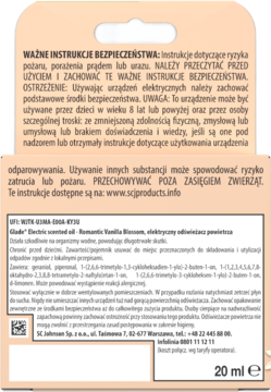 Tył opakowania Glade Romantic Vanilla Blossom, elektryczny odświeżacz powietrza 20 ml, z ważnymi instrukcjami bezpieczeństwa.