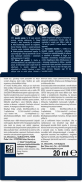 Tył ciemnoniebieskiego opakowania Glade Aromatherapy 20ml, z białymi instrukcjami i rysunkowymi diagramami.