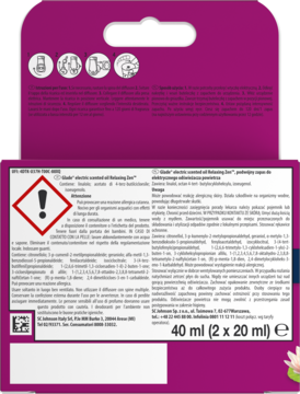 Tył fioletowego opakowania Glade Electric Scented Oil, wkładu do odświeżacza, z ostrzeżeniami i opisem produktu.