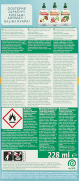 Tył opakowania Air Wick odświeżacza powietrza: szczegółowe informacje, ostrzeżenia i symbol zagrożenia, 228 ml.