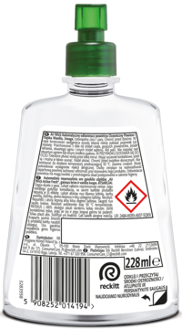 Tył zapasu Air Wick Naturmatic 228ml do odświeżacza powietrza, przezroczysta butelka z etykietą.