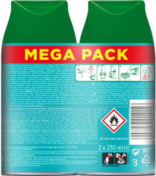 Tył Air Wick Mega Pack zapas odświeżacza Oceaniczny Powiew 2x250ml, zielone z czerwoną etykietą, widoczne instrukcje.