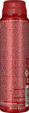 Czerwony dezodorant męski Old Spice Rockstar, tył opakowania z gęstym białym tekstem i symbolami ostrzegawczymi.
