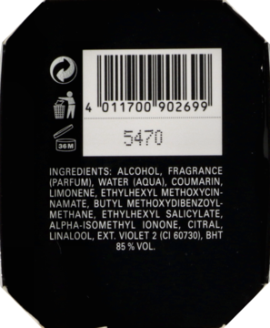 Tył czarnego opakowania perfum Baldessarini Black, z czytelnym kodem kreskowym i listą składników.