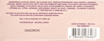 Tył różowego opakowania perfum Boucheron Jaipur Bracelet EDP z listą składników, danymi producenta i kodem kreskowym.