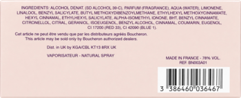 Boucheron Jaipur Bracelet EDP, tył jasnoróżowego opakowania z listą składników, kodem kreskowym i napisem Made in France.