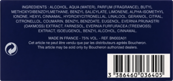 Tył ciemnoniebieskiego opakowania Boucheron Pour Homme z listą składników, kodem kreskowym i napisem MADE IN FRANCE.