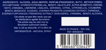 Tylna etykieta Boucheron Pour Homme Eau de Parfum, widoczny skład, kod kreskowy i oznaczenie "Made in France".