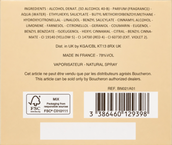 Boucheron Quatre Iconic EDP, tył beżowego opakowania. Widoczna lista składników, MADE IN FRANCE i kod kreskowy.