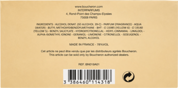 Tył beżowego opakowania perfum Boucheron, z listą składników, kodem kreskowym i napisem 'MADE IN FRANCE'.