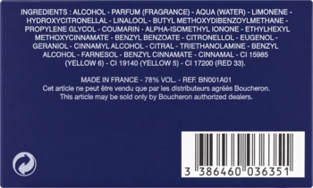 Tył ciemnoniebieskiego opakowania perfum Boucheron Women. Widoczna lista składników, kod kreskowy i instrukcja sprzedaży.