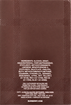 Tył opakowania Burberry for Men Eau de Toilette, brązowy wzór kraty i biała etykieta ze składnikami COTY.