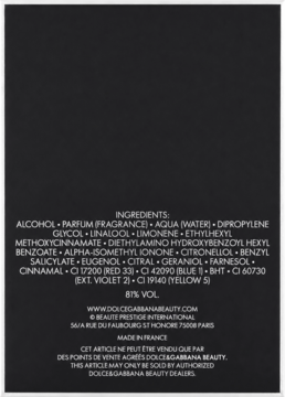 Tył czarnego opakowania Dolce & Gabbana King Man woda perfumowana z białymi napisami składu i danych producenta.