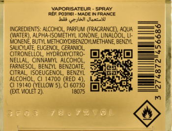 Tył złocistego opakowania wody perfumowanej Givenchy Organza z listą składników, kodem QR i symbolem płomienia.