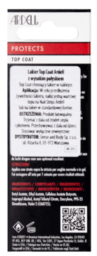Tył opakowania Ardell Protects Top Coat, czarno-białe z czerwonym akcentem, widoczne instrukcje i składniki.