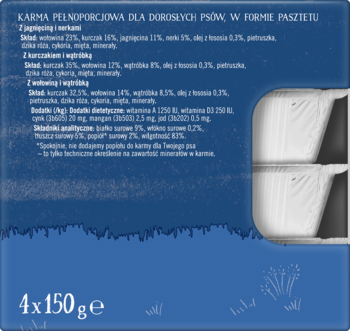 Tył opakowania karmy Butcher's Soczyste Pasztety dla psów, widok na detale składu i wagę 4x150g, ciemnoniebieskie tło.