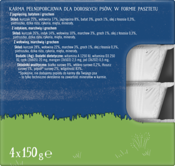 Tył opakowania karmy Butcher's Tradycyjne Pasztety dla psów 4x150g, z listą składników w języku polskim.