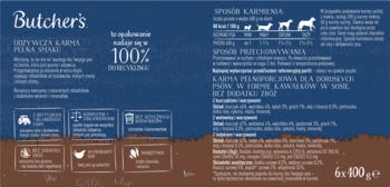 Butcher's karma dla psa 6x100g, granatowo-brązowe opakowanie, bezzbożowa receptura, widok z przodu.