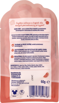 Tył różowego opakowania kryształków do kąpieli Isana Kids 60g. Widoczne informacje o produkcie i składzie.