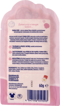 Tył różowego opakowania perełek do kąpieli Isana Kids 60g, widoczne informacje o produkcie i barcode.