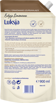 Tył brązowego opakowania uzupełniającego mydła w płynie Luksja Czekolada, z listą składników.
