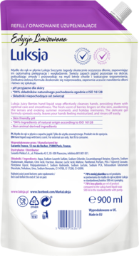 Tył fioletowego opakowania uzupełniającego mydła w płynie Luksja 900 ml z białym tekstem i kodem kreskowym.