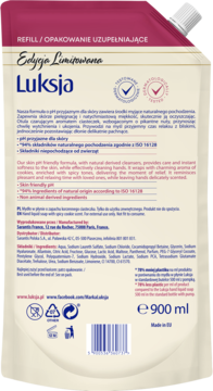 Tył fioletowego opakowania uzupełniającego mydła Luksja Soczyste Mango 900ml z informacjami o produkcie.