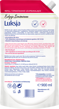 Tył różowo-białej saszetki mydła w płynie Luksja Cherry 900ml, widoczne składniki, certyfikaty i informacje producenta.
