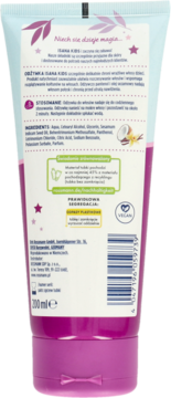 Tył opakowania odżywki Isana Kids Magiczny Jednorożec 200ml, różowa tubka z tekstem, kodem kreskowym i logo Vegan.