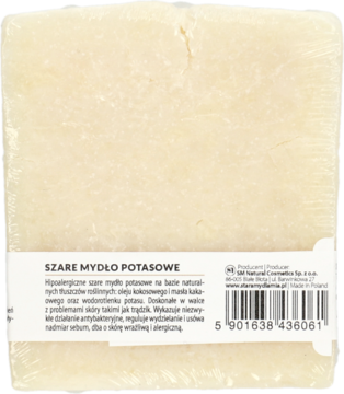 Tył opakowania bezzapachowego szarego mydła potasowego z olejem kokosowym i masłem kakaowym, widoczny barcode.