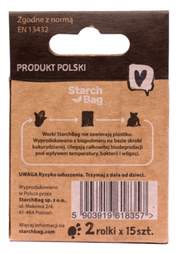 Tył brązowego opakowania biodegradowalnych worków StarchBag na odchody, widoczny kod kreskowy i tekst EN 13432.
