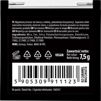 Tył opakowania bronzera Wibo Smokin' Hot 02 Caramel Macchiato: czarny kompakt ze składnikami, kodem kreskowym i napisem VEGAN.