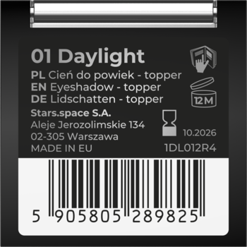 Tył opakowania cienia do powiek topper 01 Daylight, z opisem EN/PL, danymi producenta i kodem kreskowym.