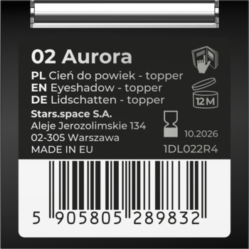 Tył ciemnego opakowania błyszczącego toppera do powiek 02 Aurora z informacjami produktu i kodem kreskowym.