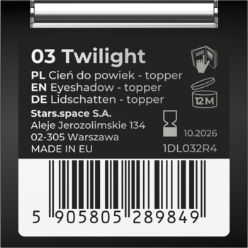 Czarny tył opakowania błyszczącego toppera do powiek Airglow Twilight z białymi napisami i kodem kreskowym.