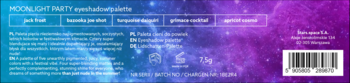 Tył opakowania paletki cieni Moonlight Party Stars from The Stars, z kodem kreskowym, ikonami i tekstem produktu.