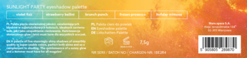 Tył opakowania palety cieni Sunlight Party z opisem, pięcioma nazwami odcieni i kodem kreskowym.